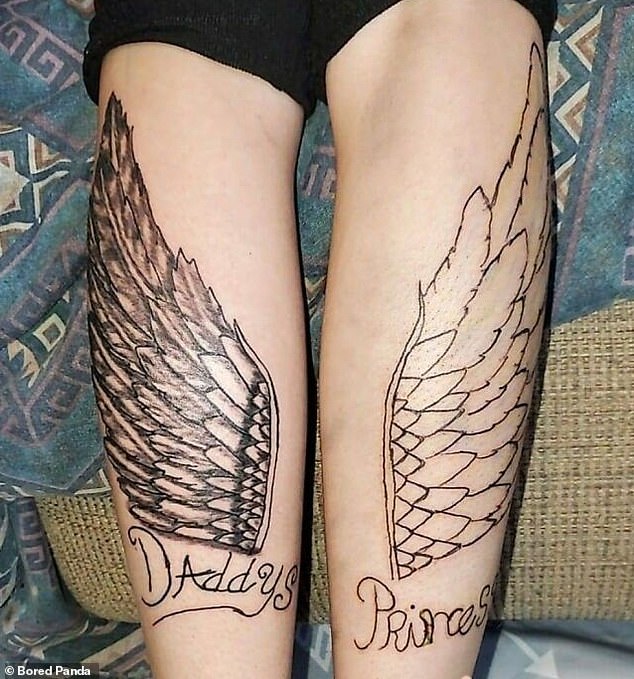 One person has had a tattoo of two different angel wings on their calves that read: 'Daddys [sic] Princess' printed