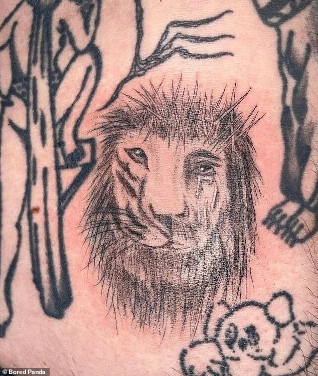 A tattoo enthusiast decided to create a questionable photo of a lion howling on his skin