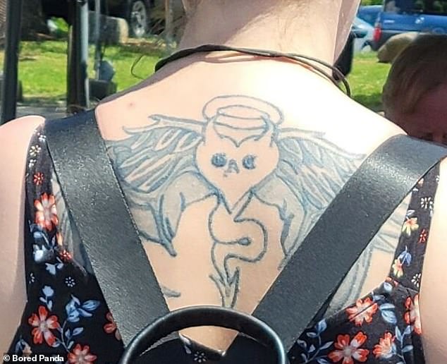 One woman got a tattoo of a cartoon character with a love heart with angel wings and a devil's tail