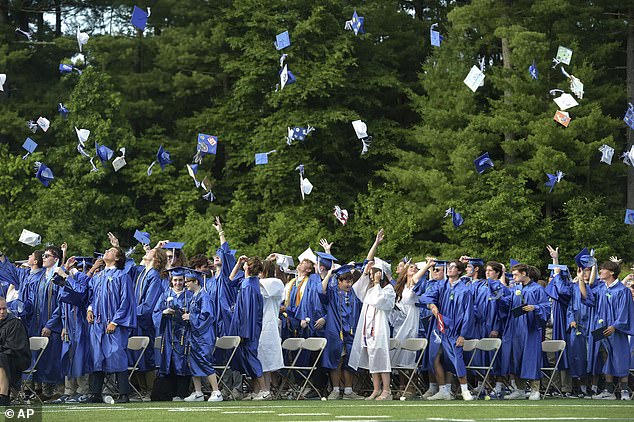 Newtown High School class of 2024 graduates throw their caps into the air at the end of their commencement ceremony in Newtown on Wednesday.  Sixty graduates were among those who survived the 2012 Sandy Hook school shooting.  The names of the 20 murdered students were read out in a moving tribute