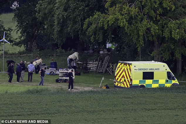 The crew was also seen carrying sheep braces while an ambulance was parked nearby