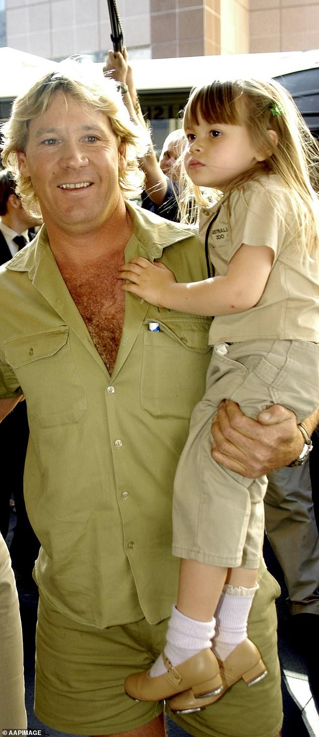 The three-year-old girl appears to be following in the footsteps of her late grandfather Steve Irwin.  (Pictured with Bindi in 2002)
