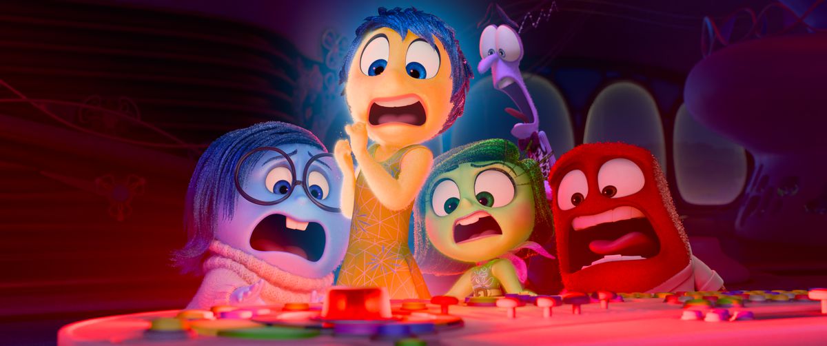 The original five emotions of Inside Out – Joy, Sadness, Disgust, Anger and Fear – all scream in horror and recoil when a red alarm light goes off on their shared operating console in Inside Out 2 from Pixar Animation Studios.