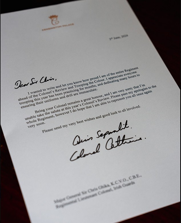 The Princess of Wales wrote a letter to the Irish Guards, saying: 'I hope I can represent you all very soon'