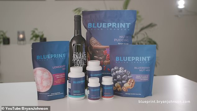 Johnson credits his new personal best to his Blueprint products (pictured), which he touts as 'the best and easiest health protocol in the world'