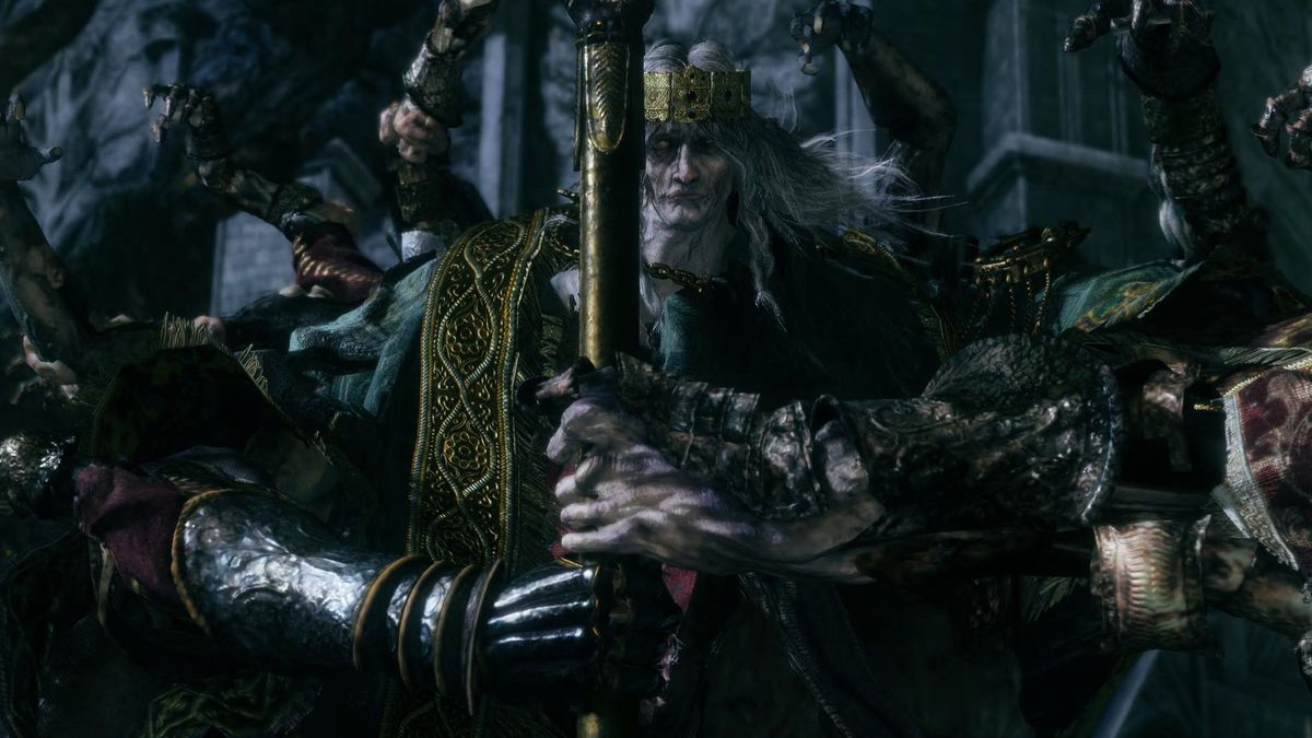 Godrick the Grafted holds a sword during the Elden Ring Rogier mission.