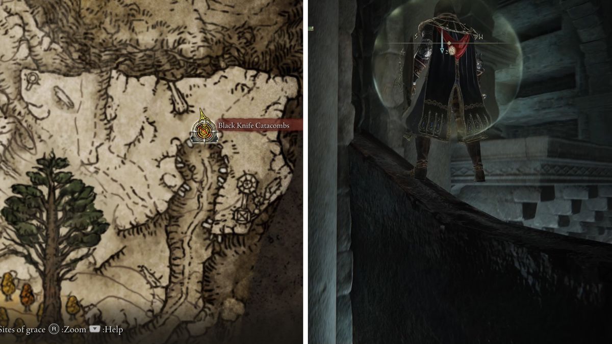 A map shows the location of the Black Knife Catacombs in Elden Ring on the way to Rogier's quest.