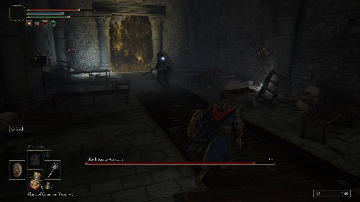 An Elden Ring player battles the Black Knife Assassin during Rogier's questline.