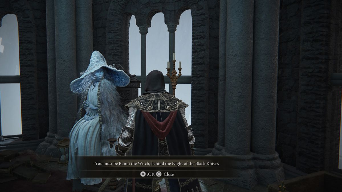 An Elden Ring player talks to Ranni in Caria Manor during Rogier's questline.