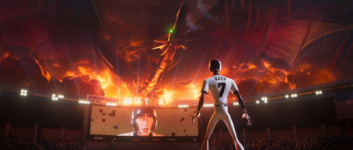 A man in a baseball uniform stares up at a terrifying winged kaiju roaring as flames erupt from the walls of a stadium in Ultraman: Rising.