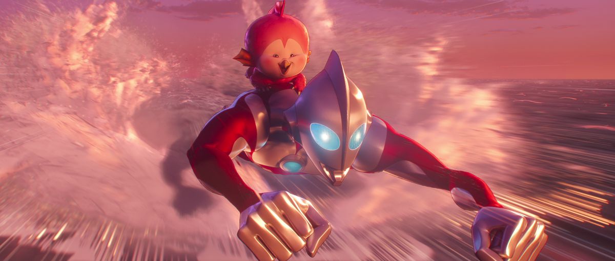 A baby kaiju who laughs while riding on the back of a silver-red anthropomorphic giant flying across the surface of the water in Ultraman: Rising.