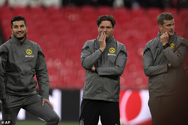 Sahin, left, was assistant manager to Edin Terzic (centre) and played a key role in their run to the Champions League final