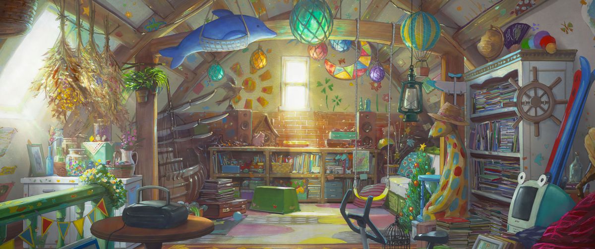 A shiny, richly painted playroom full of toys, books and decorations in The Imaginary by Studio Ponoc