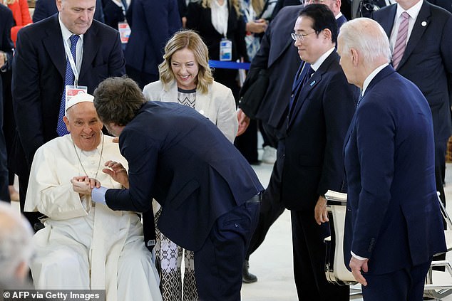 Biden and other world leaders were keen to get close to Pope Francis during his visit.  At one point, photographers shouted at Argentine President Javier Milei to get out of the way after he blocked the shot of Biden greeting the pope.