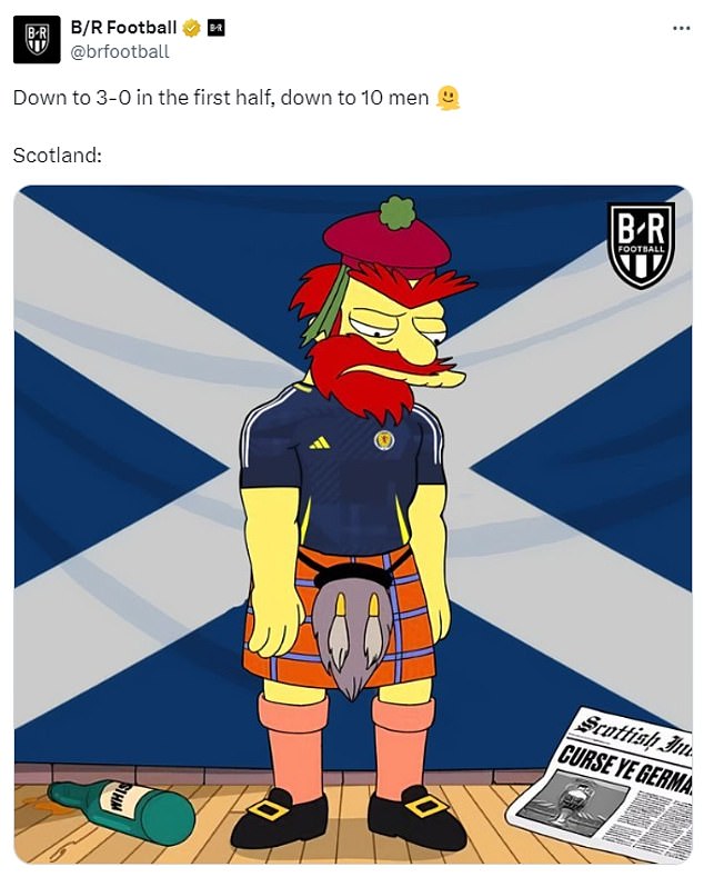 Simpsons character Groundskeeper Willie was shared next to a newspaper with the headline 'curse ye Germans'