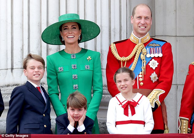 Kate stands on the balcony of Buckingham Palace with Prince William and their children