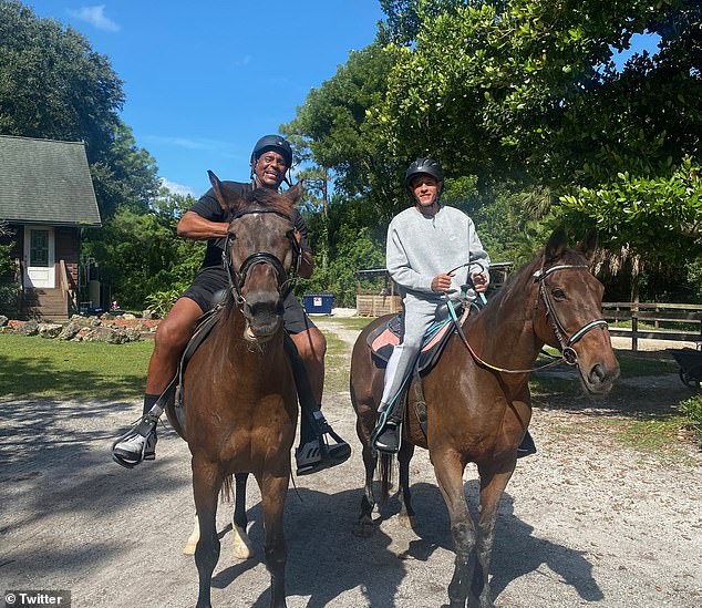 Mavericks owner Mark Cuban shared a photo of West, pictured right, in rehab on Twitter in 2020.  West is seen riding horses with former NBA star Jason Williams (left)