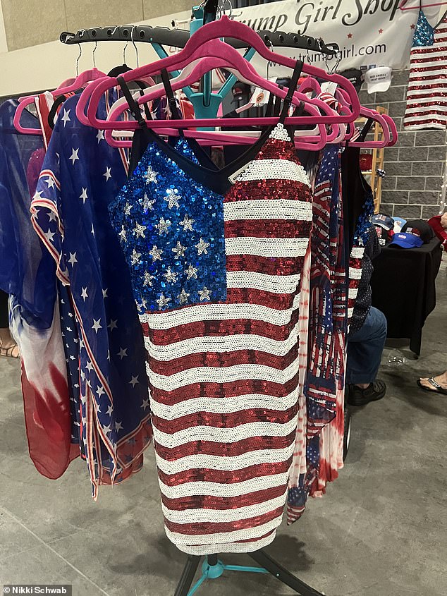 Red, white and blue clothing was sold from vendors at the back of the convention hall where former President Donald Trump spoke to mark his 78th birthday