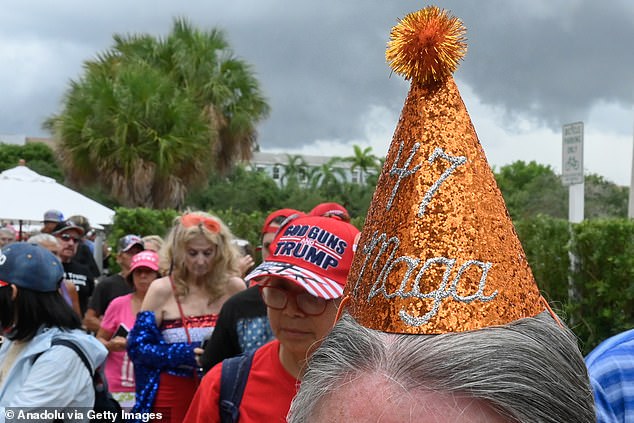 Some supporters wore homemade Trump birthday hats decorated with MAGA slogans