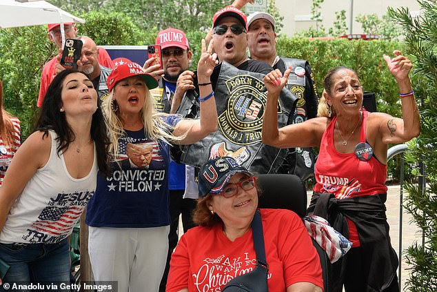 A group of Trump supporters wait outside Friday to enter the Palm Beach County Convention Center for an anniversary event sponsored by the group 'Club 47'