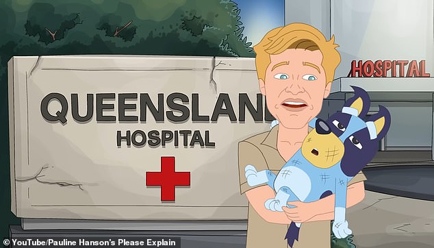 The firefighter senator's YouTube series Please Explain included an episode on Friday titled The State of Queensland, satirically portraying Irwin and ABC children's cartoon character Bluey (pictured)