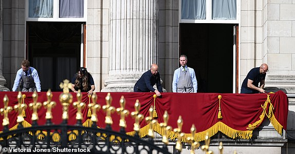 Mandatory credits: Photo by Victoria Jones/Shutterstock (14539526d) Preparations are carried out on the balcony before Trooping The Color Trooping The Colour, London, UK - June 15, 2024