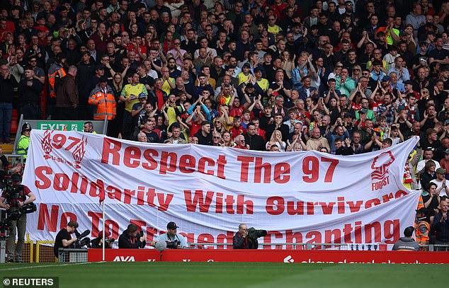 Nottingham Forest fans at Anfield in April last year with a banner calling for respect for the victims of the Hillsborough disaster