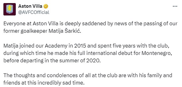 Sarkic's former clubs paid tribute to the goalkeeper following his tragic death