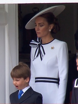 The Prince and Princess of Wales' youngest child was also captured yawning at the event, which usually includes more than 1,400 parading soldiers, 200 horses, 400 musicians and a flyover of 70 planes.