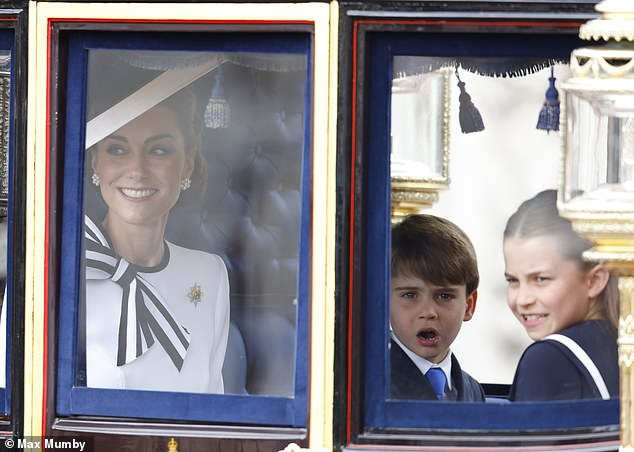 Kate beams as she accompanies her children in a carriage during today's procession (photo L-R: Kate, Prince Louis, Princess Charlotte)