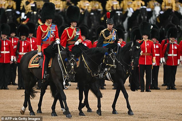 Prince William, Prince of Wales, Prince Edward, Duke of Edinburgh and Princess Anne, Princess Royal perform during the Horse Guards Parade