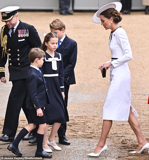 Prince George, Princess Charlotte, Prince Louis and Kate today at Trooping The Colour
