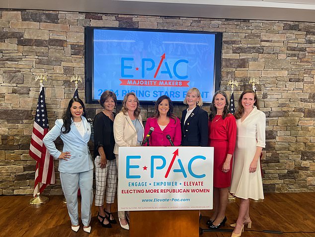 Joining Stefanik at the event were Republican candidates (from left to right) Mayra Flores, Texas, Yvette Herrell, NM, Alison Esposito, NY, Laurie Buckhout, NC, Monique DeSpain, Oregon, and Caroleene Dobson, Ala.