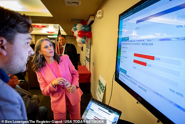 Republican congressional candidate Monique DeSpain looks at the election results during an election observation party hosted by DeSpain's campaign Tuesday, May 21, 2024