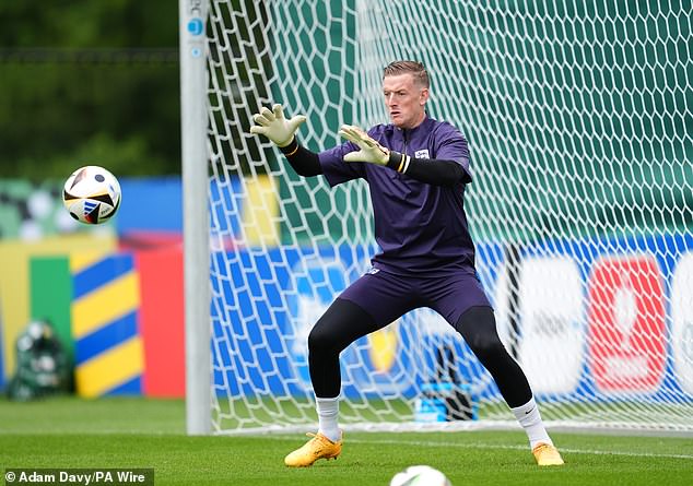 England and Everton goalkeeper Jordan Pickford maintained a fierce focus during training