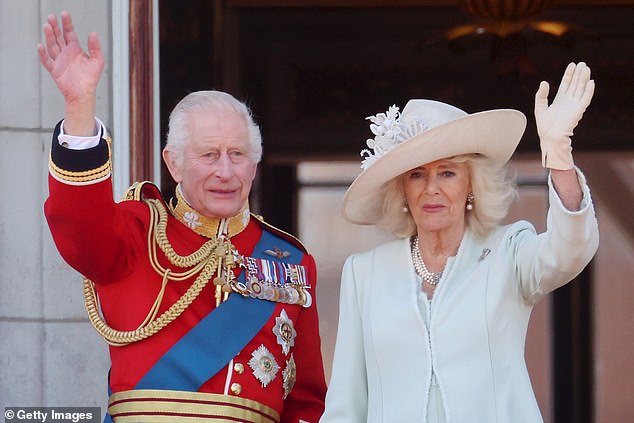 King Charles III and Queen Camilla today during Trooping the Color at Buckingham Palace
