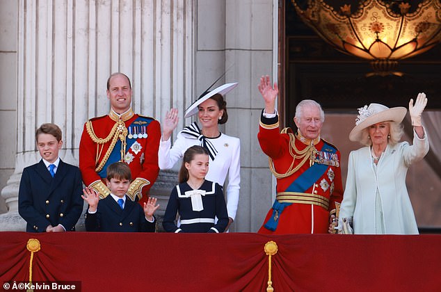 William and Kate with their children next to Charles and Camilla at Buckingham Palace today
