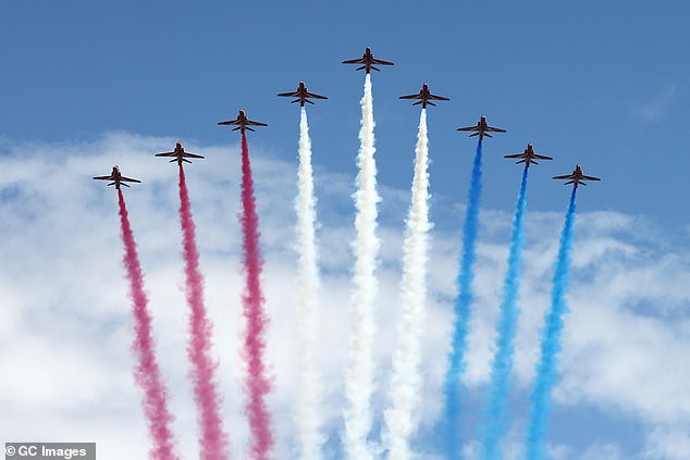 The nine-ship formation of the Red Arrows completed today's spectacular performance