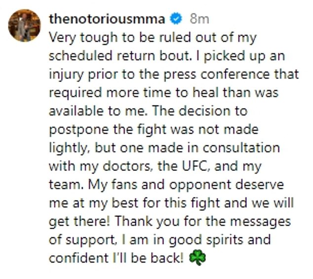 The Irishman admits it was 'very difficult' to cancel the fight, while vowing he would return