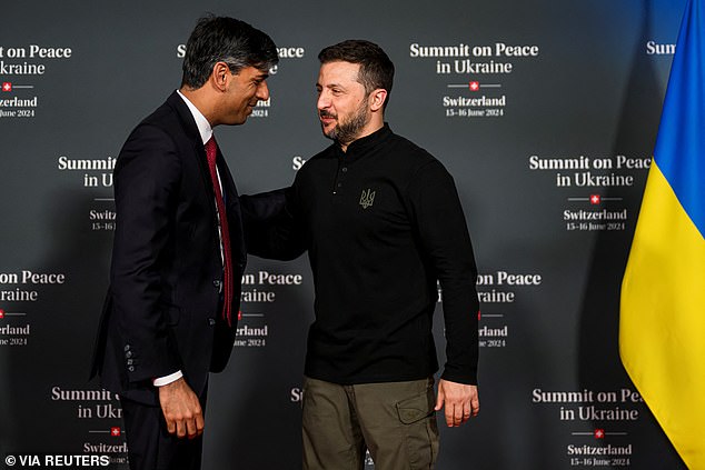 Rishi Sunak was among world leaders from at least 90 countries who met near the Swiss city of Lucerne to discuss how to bring lasting peace to Ukraine.  Pictured: Sunak with Ukrainian President Volodymyr Zelensky