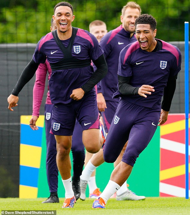 Some believe Southgate's caution has stifled a generation of young attacking players coming through the England ranks, including Trent Alexander-Arnold (left) and Jude Bellingham (right)