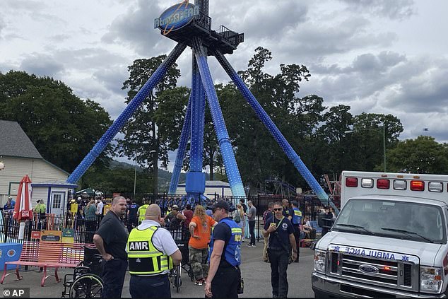 Pictured: First responders arrive at Oaks Park for a ride stuck with multiple riders in Portland