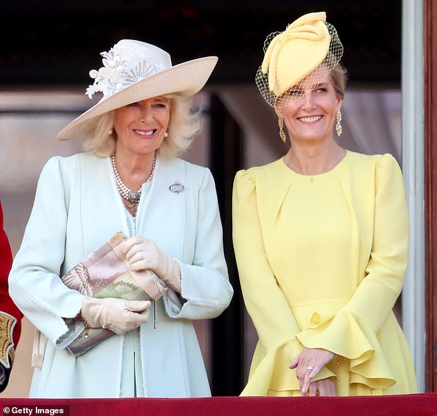 The Duchess of Edinburgh (right) wore a pale yellow dress from Beulah London (£750) - a brand loved by royals across Europe - with a matching Jane Taylor hat (£1,625)