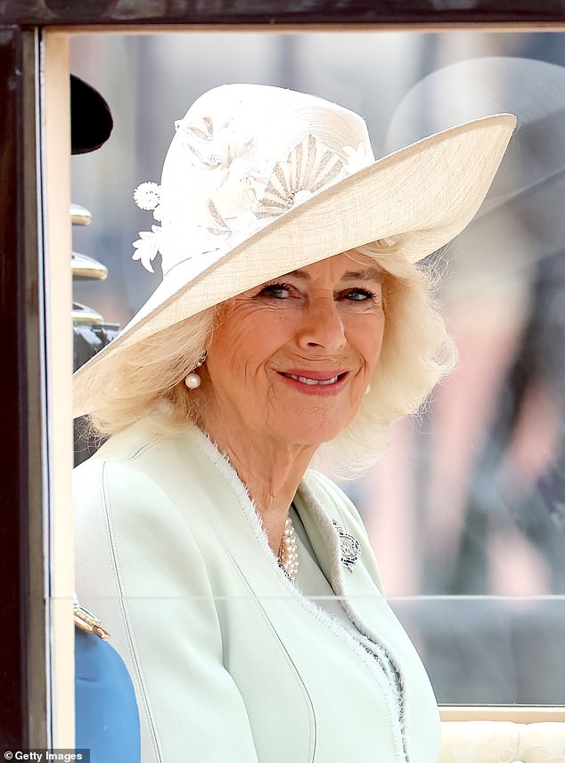 Even Queen Camilla wore again – while her Philip Treacy hat is new, her mint green silk crepe coat and dress, from couturier Anna Valentine, is the same look she wore to Ascot last year