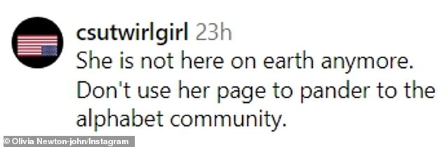 The upbeat post ignited vitriol in the comments section, with someone else writing: 'She's not here on earth anymore.  Please do not use her page to benefit the alphabet community