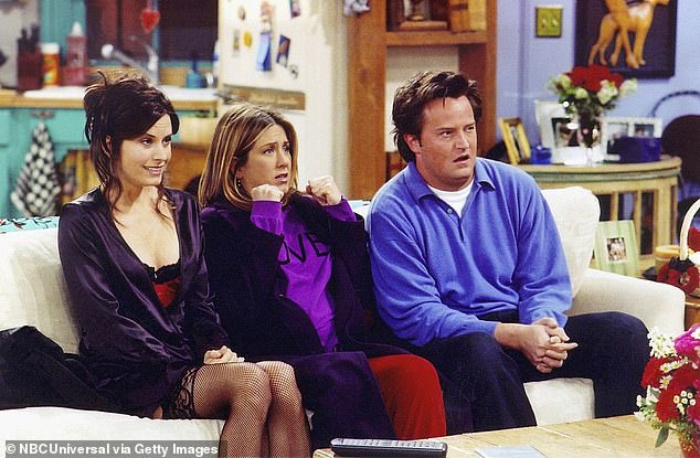 The cast recently reconnected following the death of Matthew Perry, who played Chandler Bing, at the age of 53 in October;  Cox, Aniston and Perry seen in 2002