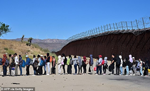 Migrants wait in line hoping to be processed by Customs and Border Patrol agents after groups arrive in Jacumba Hot Springs, California, after walking from Mexico to the U.S. in intense heat
