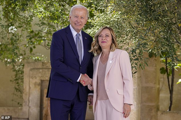 Maher noted that Italian Prime Minister Giorgia Meloni (pictured with Joe Biden at the G7 meeting on Thursday) was often called a fascist for some of her far-right positions, but he argued that moderate parties enabled her