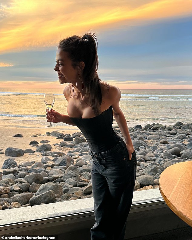 The pair, who are holidaying together on the Gold Coast, Queensland, shared a flirty exchange on Instagram after Arabella shared photos from the trip (pictured)