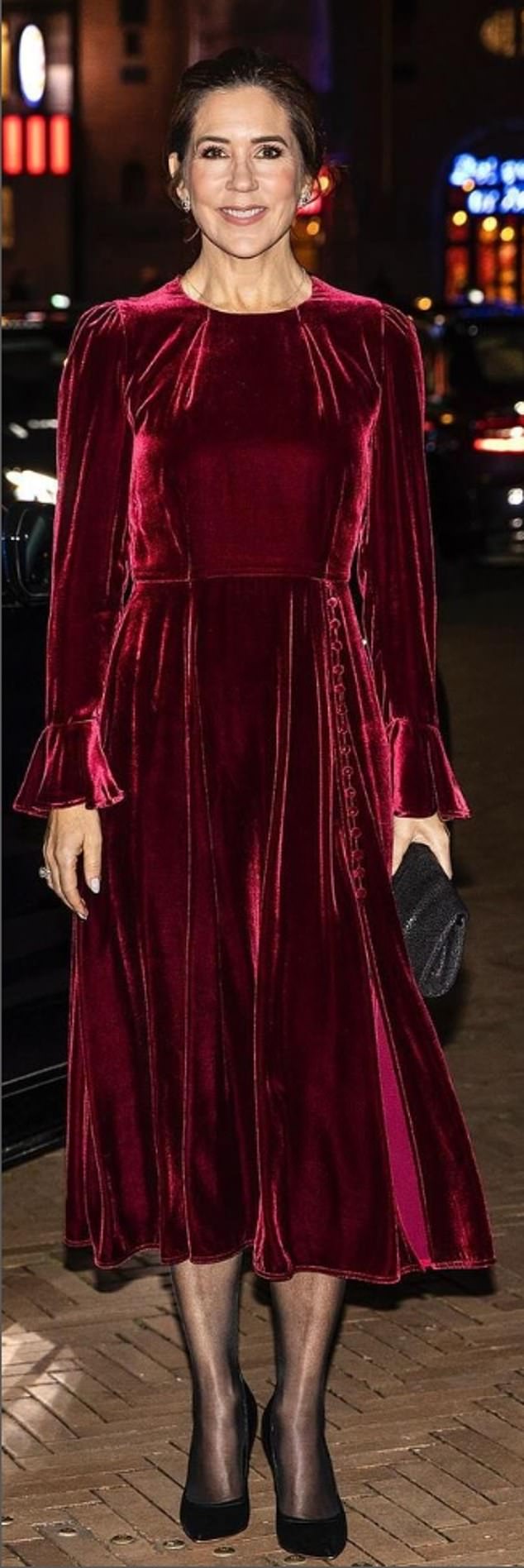 Queen Mary, who spoke out about her commitment to sustainability, wore a berry velvet dress by Beulah London in 2022